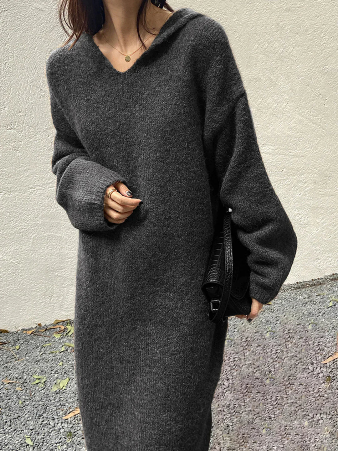 R&B | Woll - Kapuzen - Strick - Midi - Kleid