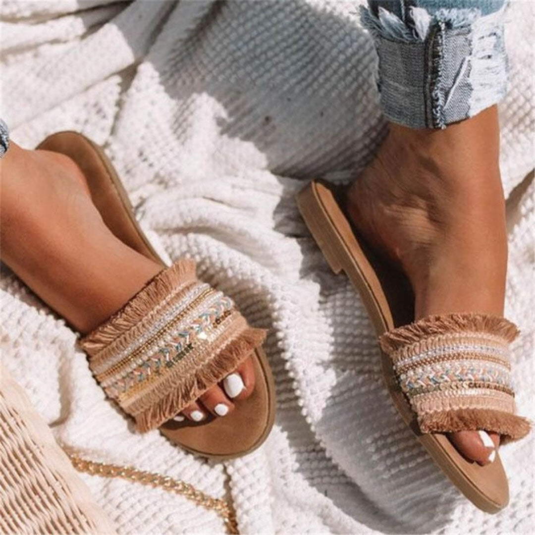 R&B | Pantoletten, Boho Stil, Flach, Sandalen, Sommerschuhe