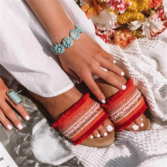 R&B | Pantoletten, Boho Stil, Flach, Sandalen, Sommerschuhe