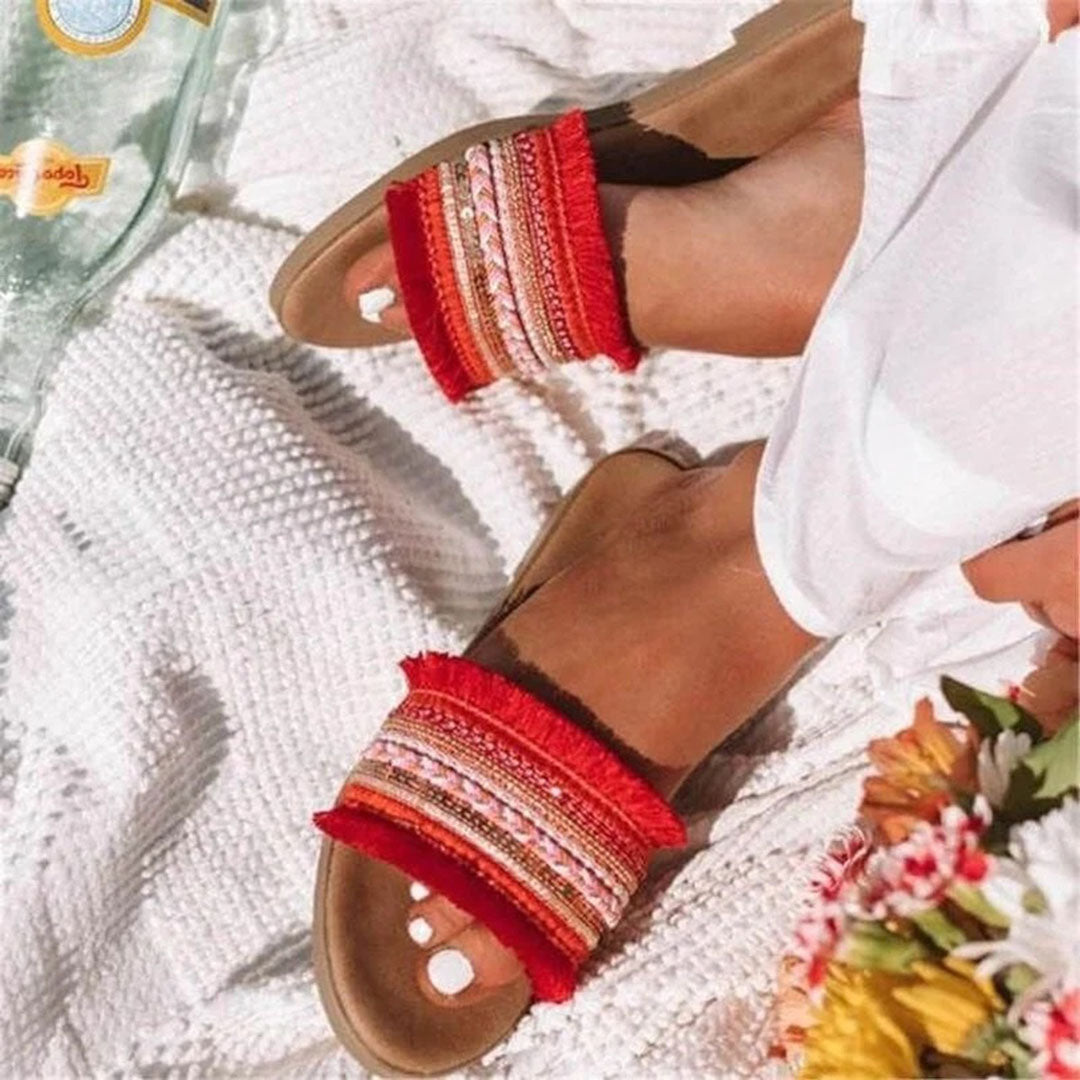 R&B | Pantoletten, Boho Stil, Flach, Sandalen, Sommerschuhe