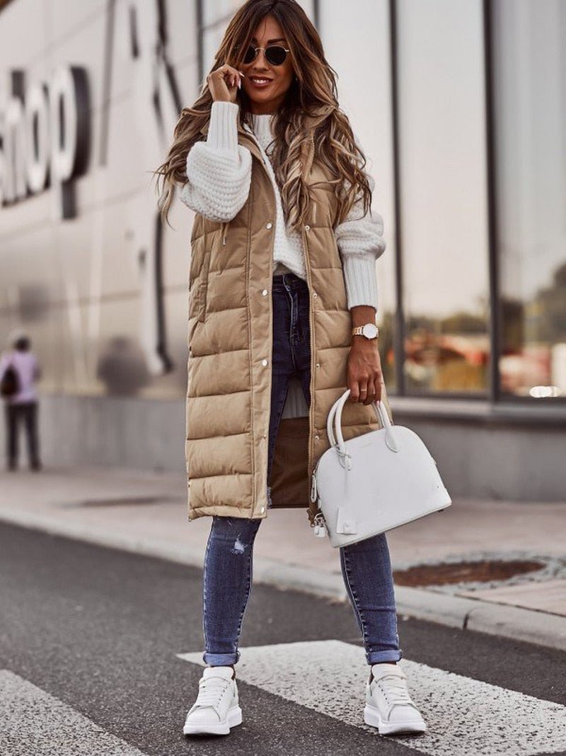 Beige knielange steppweste