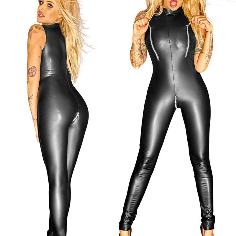 R&B | PU Reißverschluss Brust Schritt Jumpsuits