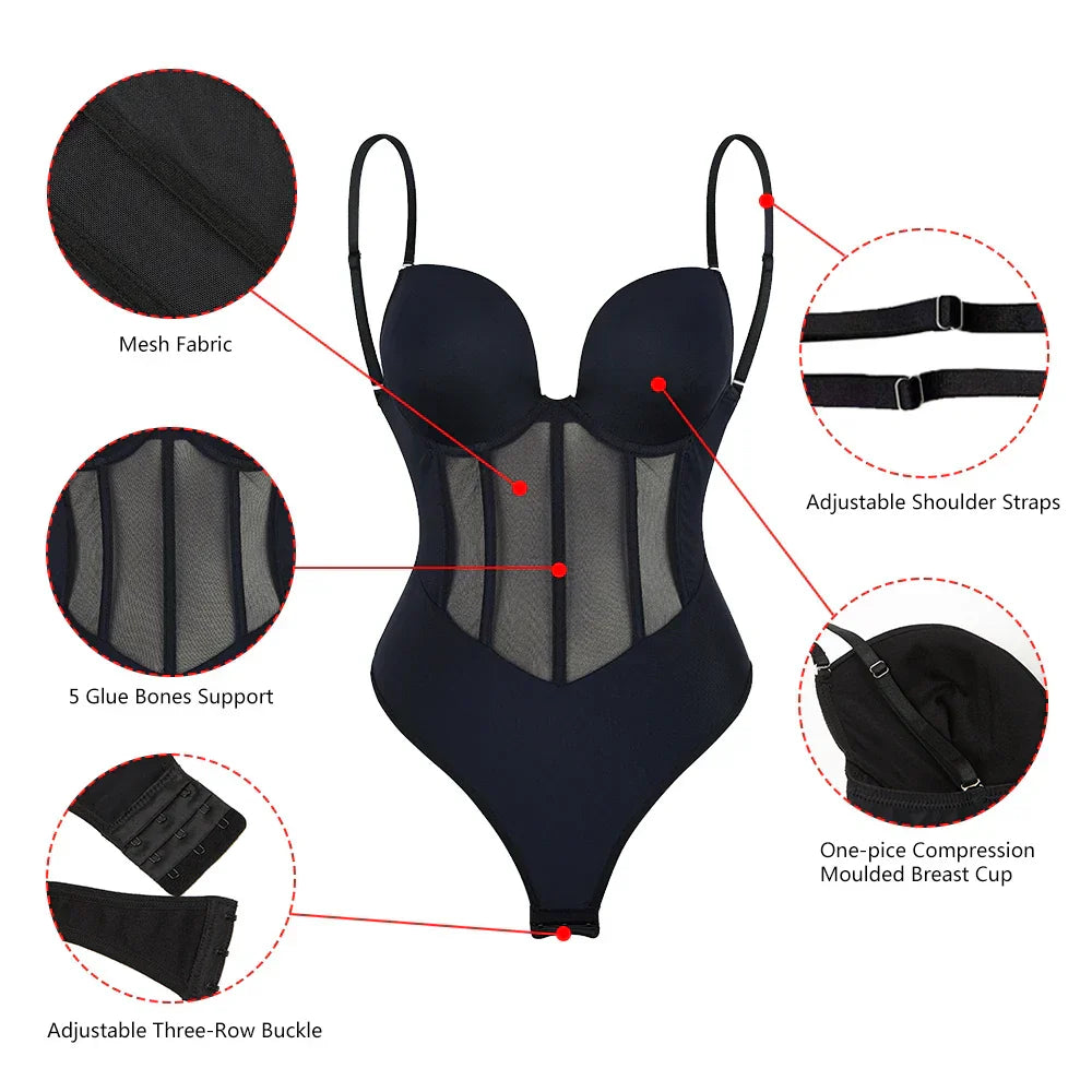 R&B | Damen Bauch Kontrolle Tanga Schiere Mesh Korsett Top Rückenfrei Bodysuit