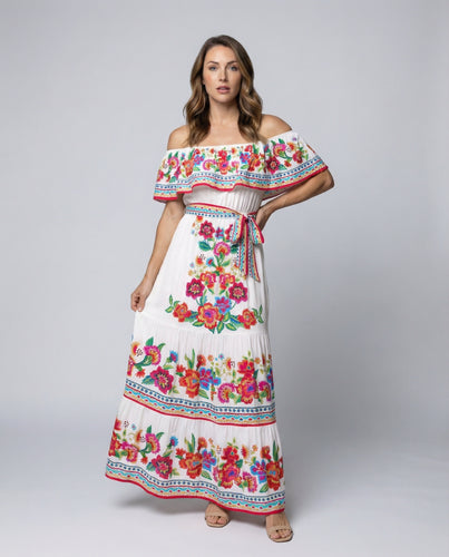 Damen Off-Shoulder Maxikleid mit floralen Mustern und elastischem Taillengürtel R&B