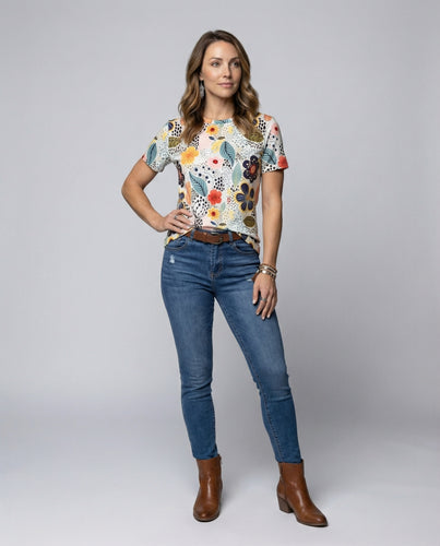 Damen Blumenmuster T-Shirt mit kurzem Arm und weichem Material R&B