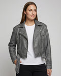Damen Cropped Jeans Bikerjacke mit Gürtel