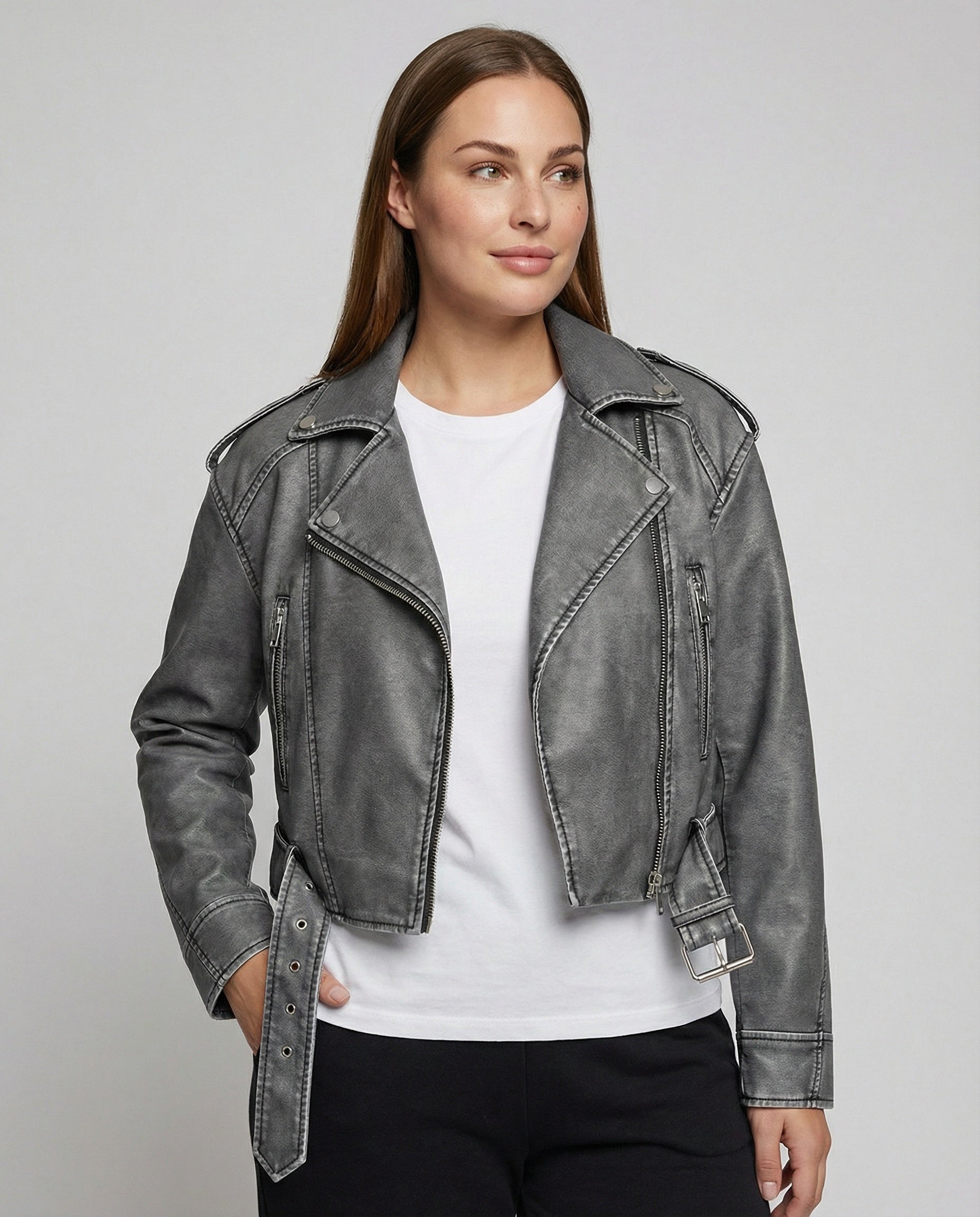 Damen Cropped Jeans Bikerjacke mit Gürtel