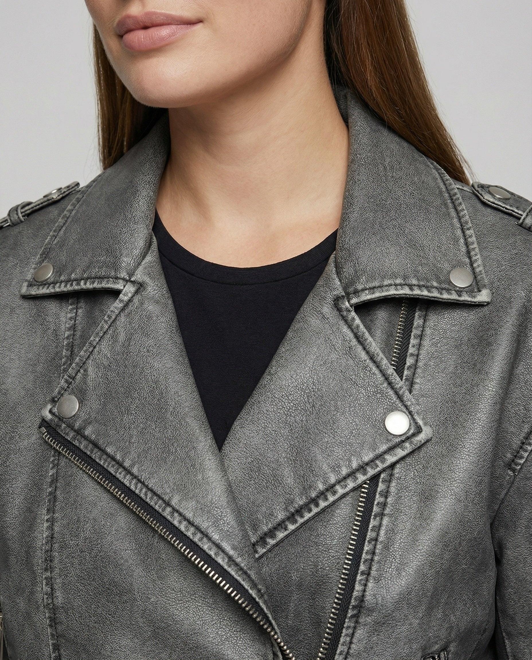 Damen Lederimitat Bikerjacke mit asymmetrischem Reißverschluss und Taschen