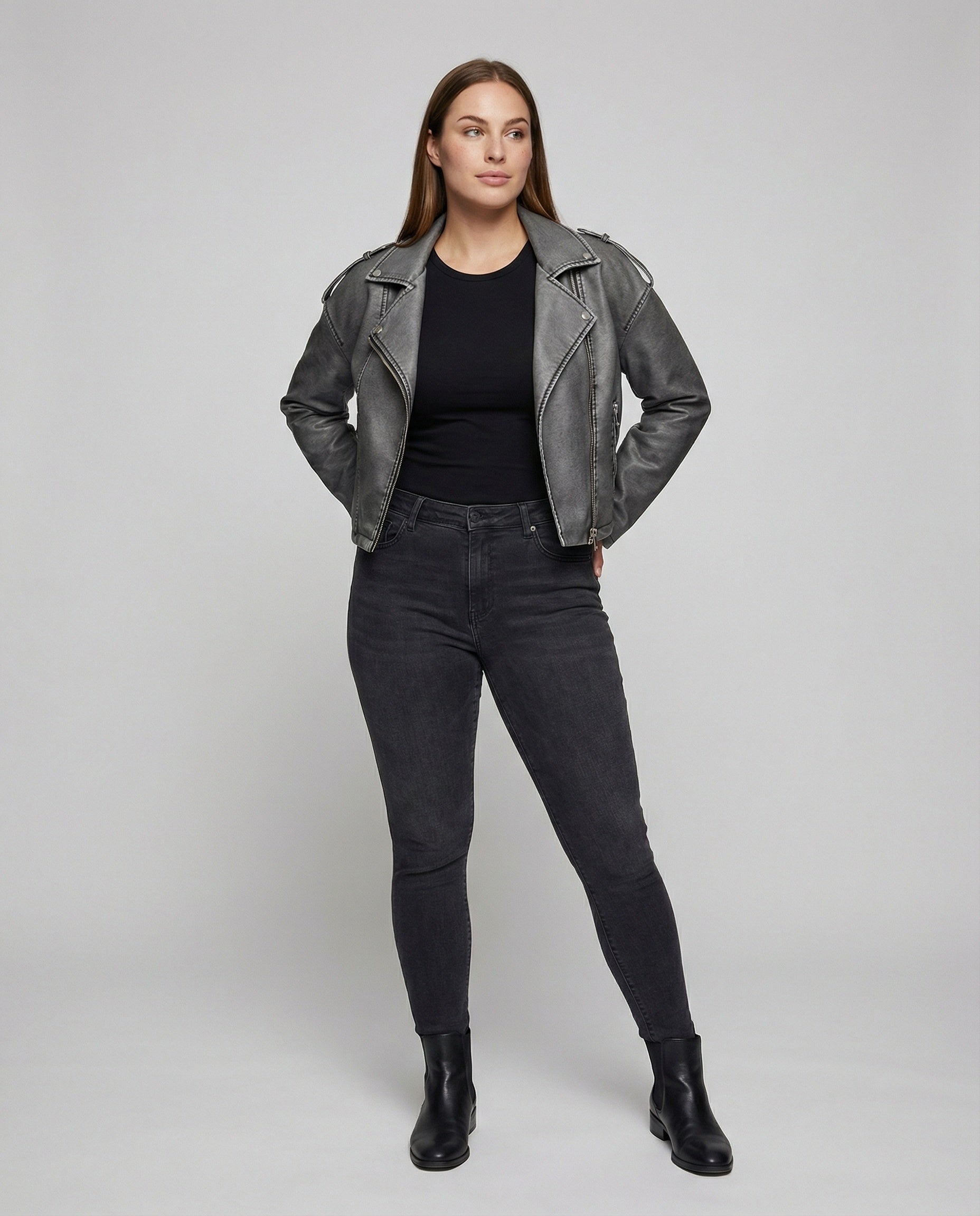 Damen Lederimitat Bikerjacke mit asymmetrischem Reißverschluss und Taschen