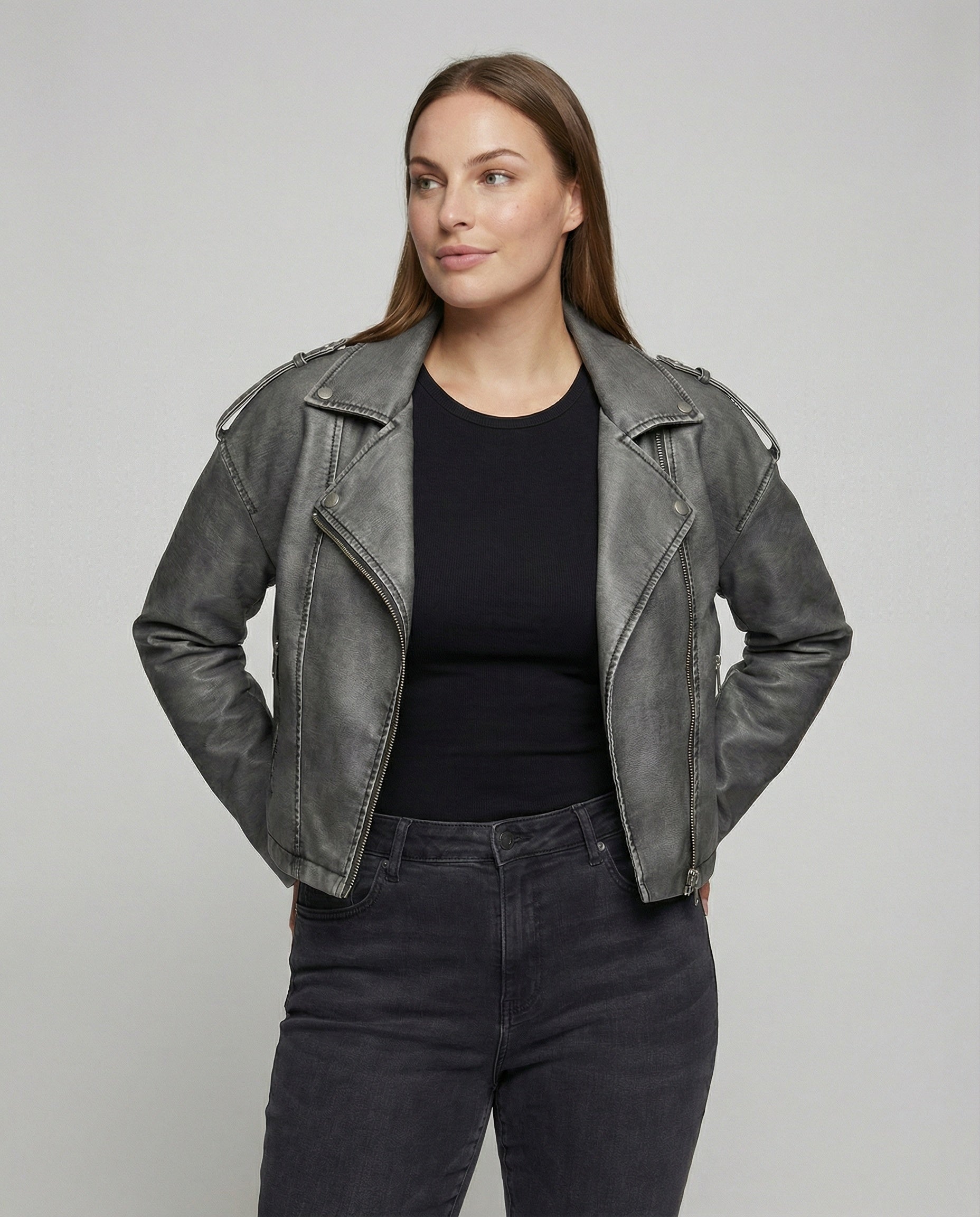Damen Lederimitat Bikerjacke mit asymmetrischem Reißverschluss und Taschen