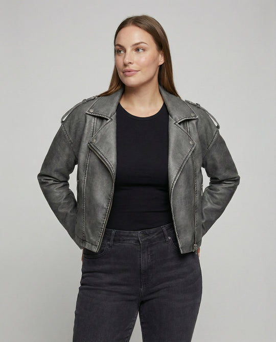 Damen Lederimitat Bikerjacke mit asymmetrischem Reißverschluss und Taschen
