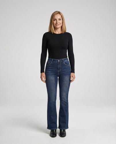 Damen High Waist Stretchjeans mit Flare Bein