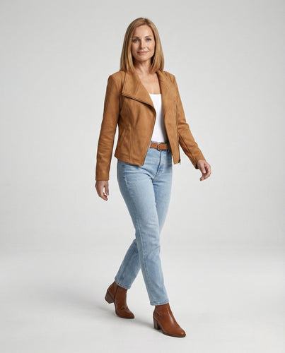 Damen Lederjacke Bikerjacke Wildlederoptik