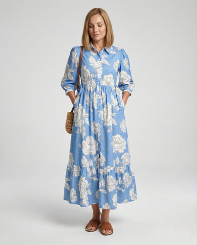 Damen Maxikleid Hemdblusenkleid Stufen