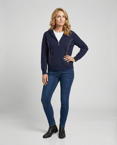 Kapuzen-Strickjacke mit durchgehendem Reißverschluss, feinem Maschenbild und schimmernden Zierstreifen R&B