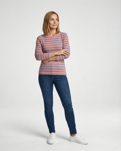 Damen Weißer Strickpullover Slim Fit gestreiftes Langarmshirt aus feinem Baumwolljersey mit Rundhals und schmaler Silhouette R&B