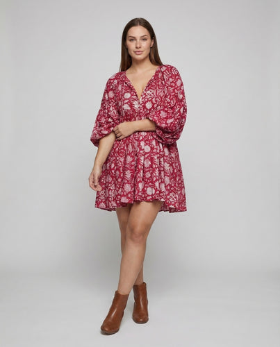 Babydoll Kleid Damen V-Ausschnitt Puffärmel