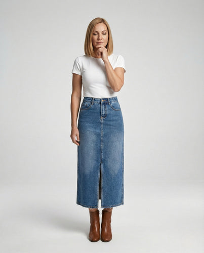 Midi Jeansrock Hochbund Damen Frontschlitz
