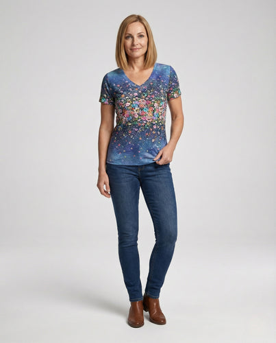 V-Ausschnitt T-Shirt Damen Floral