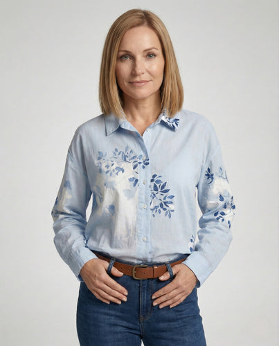 Baumwoll Leinen Bluse Floral Damen