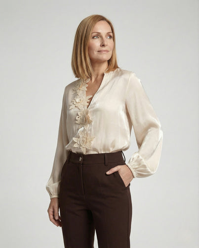 Seidenlook Bluse Mit Blumenapplikation Damen