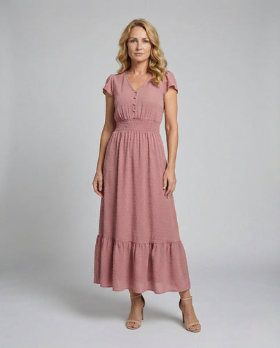 Damen Maxikleid mit Smockbund und Zierknöpfen