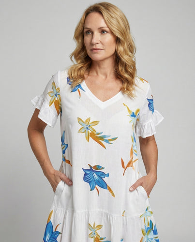 Damen Stufenkleid mit Volantärmeln und Taschen