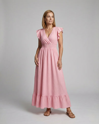 Damen Maxikleid mit V-Ausschnitt und Volantärmeln