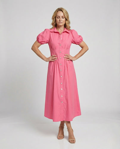 Damen Maxikleid mit Hemdkragen und Puffärmeln