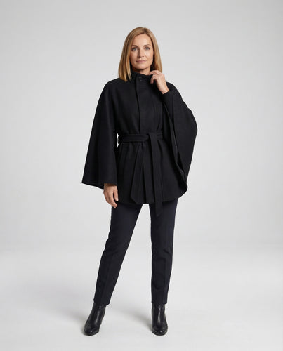 Damen Wollcape-Mantel mit Taillengürtel