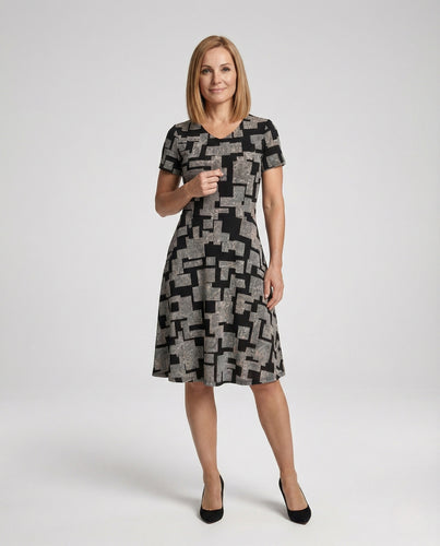 Damen Geometrisches Jersey-Midikleid mit V-Ausschnitt