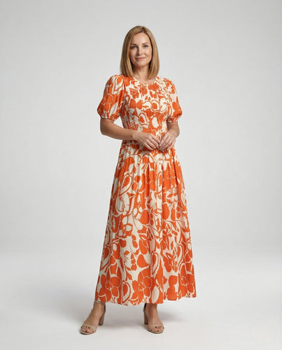 Damen Midikleid mit gesmokter Taille und Ballonärmeln
