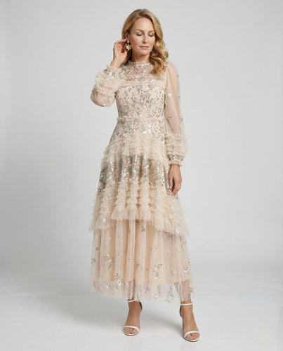 Damen Besticktes Tüll-Maxikleid mit Volants