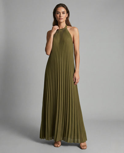 Damen Ärmelloses Plissee Maxikleid mit Stehkragen