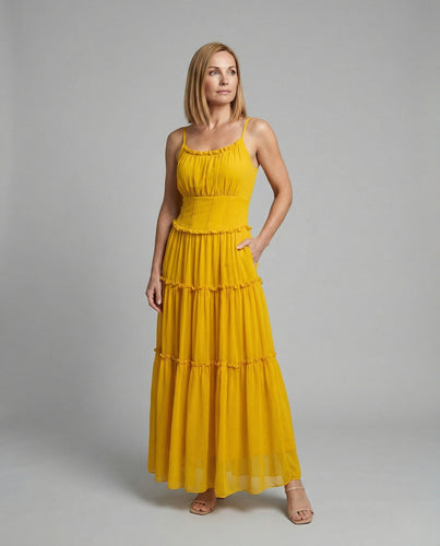 Damen Boho Maxikleid mit Volantrock