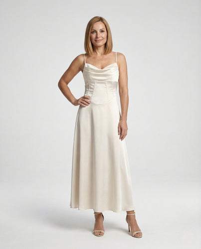 Damen Satin Maxikleid mit Drapiertem Ausschnitt