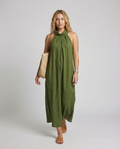 Damen Neckholder Maxikleid mit Bindegürtel