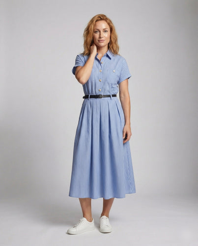 Damen Kurzarm Hemdkleid mit Nadelstreifen