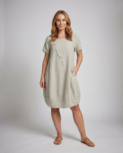 Damen Leinen Kurzkleid in A-Linie mit Taschen