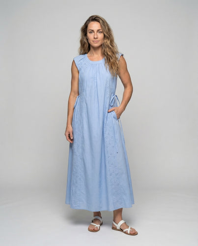Damen Baumwoll Maxikleid mit Broderie Einsätzen