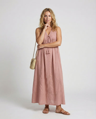 Damen Maxi Tunikakleid mit Quasten Kordel
