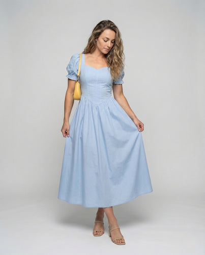 Damen Maxi Kleid mit Korsage und Puffärmeln