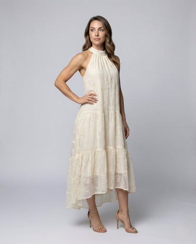 Damen Spitzen Maxikleid mit Stehkragen