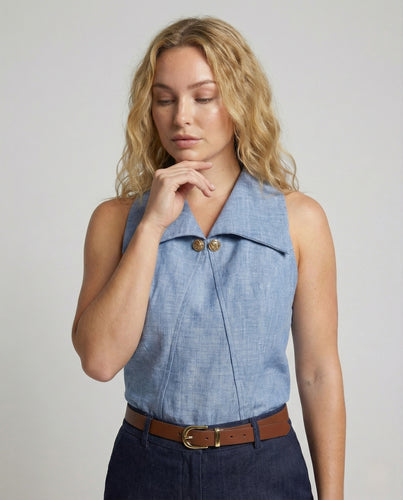 Damen Chambray Blusentop mit Reverskragen