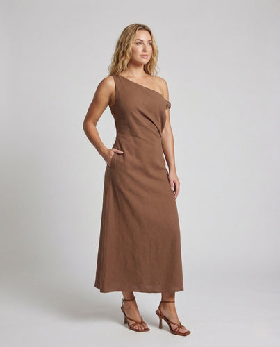Damen Schulterfreies Leinenoptik Maxikleid