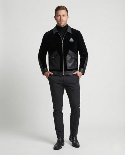 Herren Samt Blouson mit Lederbesatz