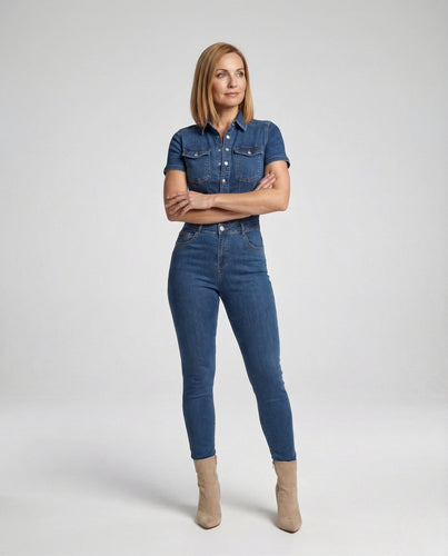 Damen Kurzarm Denim Jumpsuit