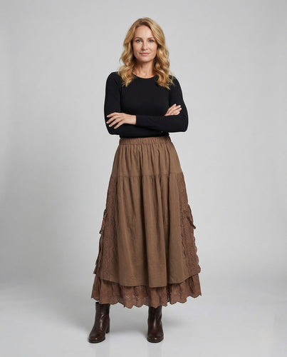Damen Boho Lagenrock mit Spitze