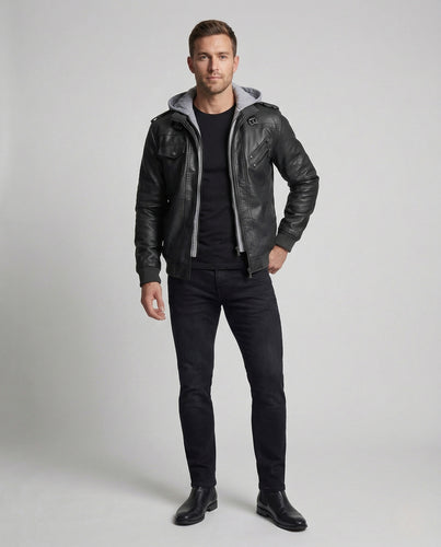 Herren Kunstlederjacke mit Sweatkapuze & Reißverschluss