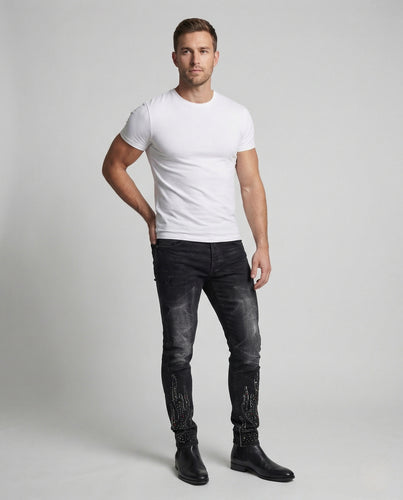 Herren Slim Jeans mit Flammenprint & Strass